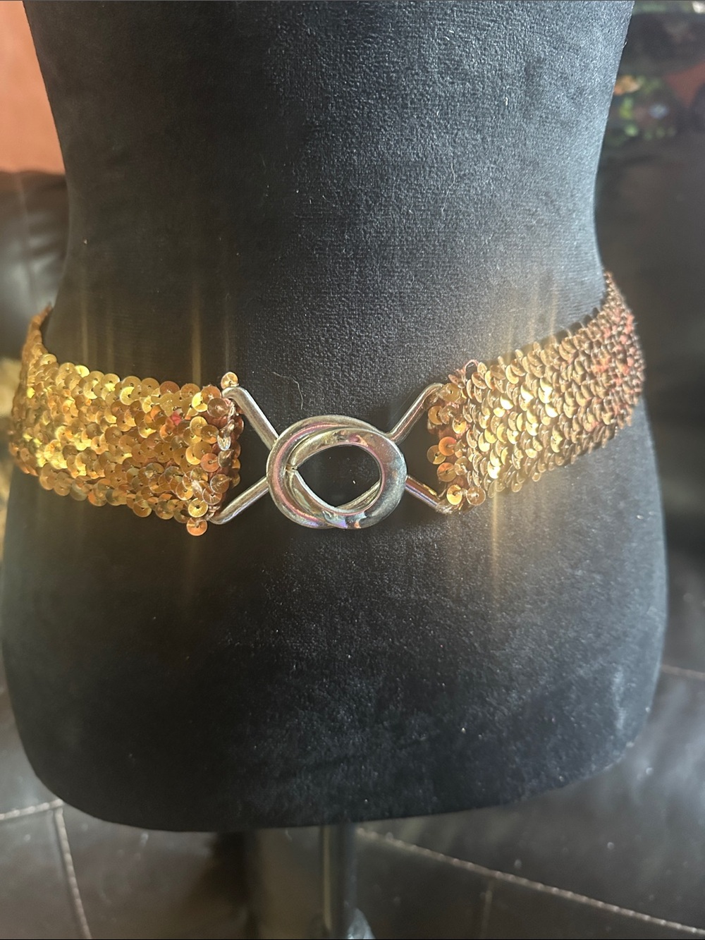 Gold Sequin Statement Waist Belt with Silver Knot Buckle